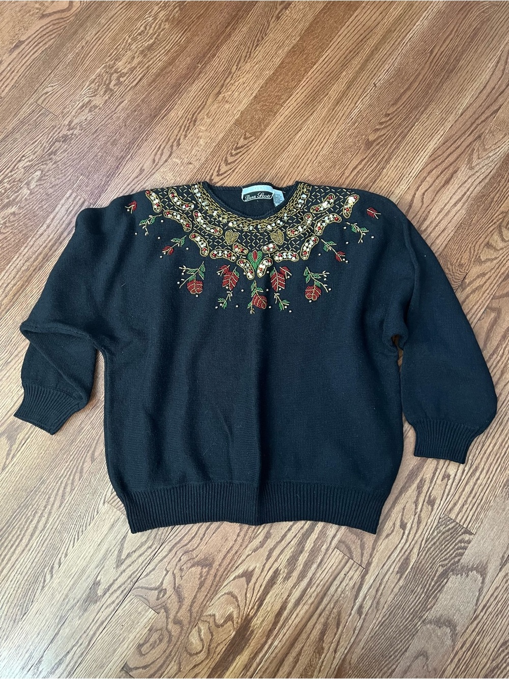 Dana Scott Black Beaded Embroidered Crew Neck Sweater